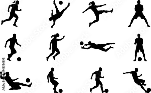 Soccer player silhouettes collection, professional football athletes kicking passing and diving action poses set, competitive sports icons, isolated vector illustration elements for design