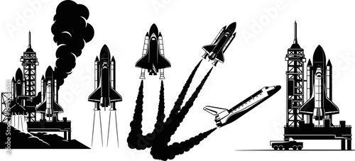 Space Shuttle Black Silhouettes Collection, Rocket Launch and Landing Icons Set, Launch Pad with Gantry Vector Illustration, Outer Space Exploration