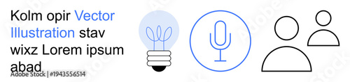Innovation, communication, team collaboration, idea generation, networking, creativity. Minimalistic icons of a light bulb, microphone and two figures. Innovation and communication