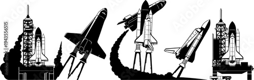 Space Shuttle Launch and Flight Black Silhouette Vector Set, Rocket Liftoff Smoke Trails Graphics, Astronautics and Exploration Icons, Science Technology Space Program Design Elements.