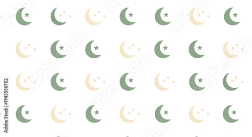 A repeated pattern of crescent moons and stars in green and beige against a white backdrop