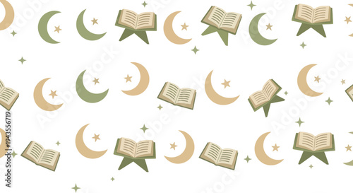A repeating pattern featuring open books crescent moons stars and fourpointed stars all in muted green and tan hues