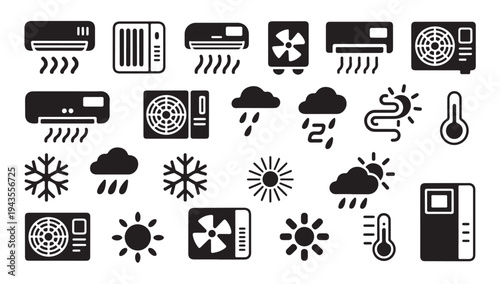 Climate control icons including air conditioners fans sun rain snow and thermometers