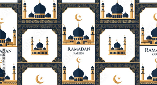 A repeating pattern featuring mosques crescent moons stars and the text Ramadan Kareem in a square frame