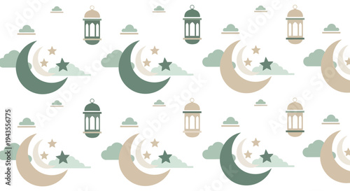 A seamless pattern featuring crescent moons stars lanterns and clouds in various colors on a white background
