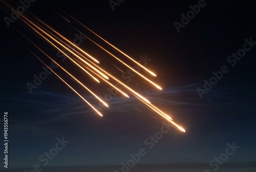 Cluster of luminous re-entry vehicle trails descending through a dark pre-dawn atmosphere in parallel formation. For nuclear deterrence, defense, geopolitics, and editorial security themes.