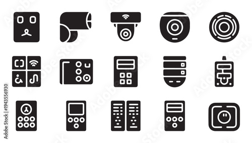 Modern glyph icons with smart lock, toilet paper dispenser, security camera, smart speaker