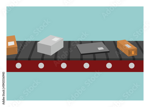Various goods on the conveyor belt. Simple flat illustration in perspective view.
