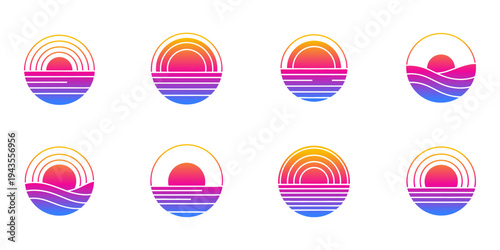Minimal sunrise and sunset logo bundle with rays and water lines.