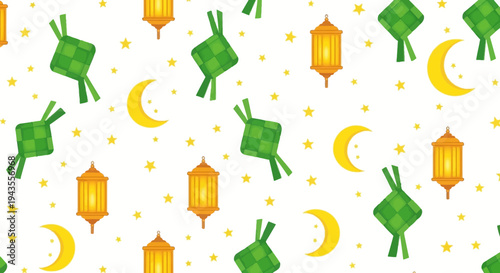 Pattern of green rhombus shapes crescent moons stars and lanterns on white
