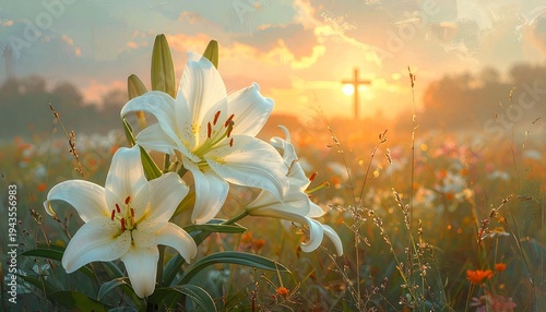 Easter lilies bloom in a serene meadow at sunrise with a cross in the distance