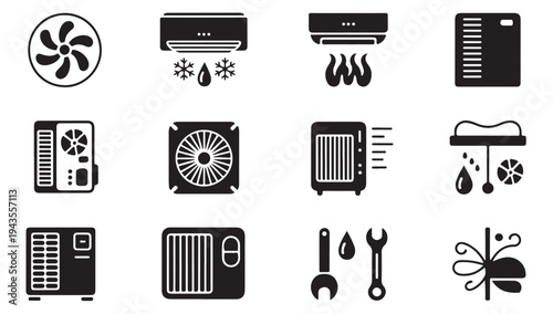 Climate control system icons and cooling technology devices in flat design