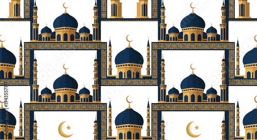 Repeating pattern mosques navy domes gold trim crescent moons stars geometric frames