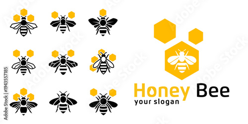 Modern insect logo set featuring honey bee symbols, minimal flat vector design isolated on light background.