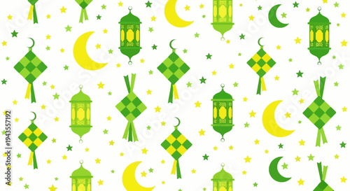 White background with green and yellow motifs including moons lanterns stars and diamond shaped designs