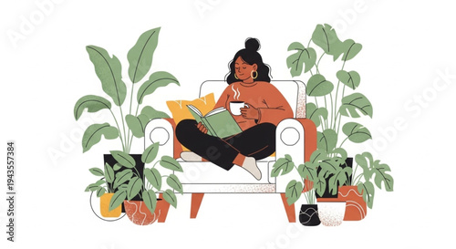 Peaceful woman relaxing in a cozy armchair reading a book and drinking hot coffee among lush plants.