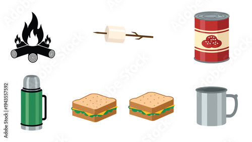 Camping Food and Essentials Bonfire Marshmallow Canned Goods Thermos Sandwiches and Mug Illustrations for Outdoor Adventures