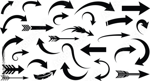 Black arrow silhouette collection set with curved straight decorative direction pointers isolated on white background, navigation symbols flat vector illustration