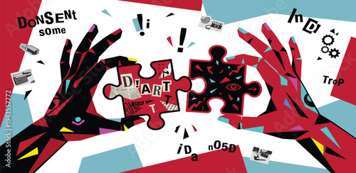 Hands connecting a fragmented puzzle, symbolizing the complex interplay of online privacy, digital consent, and identity security in the modern information era