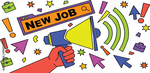 Recruitment and Hiring Announcing New Job Opportunities with a Megaphone and Digital Elements, Signaling Career Advancement and Fresh Beginnings