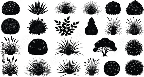Black bush and shrub silhouette collection set isolated on white background, garden plants foliage elements, landscaping nature, cad drawing flat vector illustration