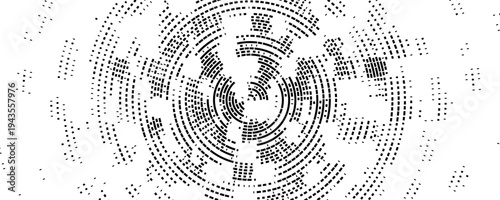 Abstract radial pixelated halftone pattern. Circular pixel explosion background. Rotating scattered dotted texture overlay bg. Fading geometric fragment wallpaper. Vector radial spinning backdrop