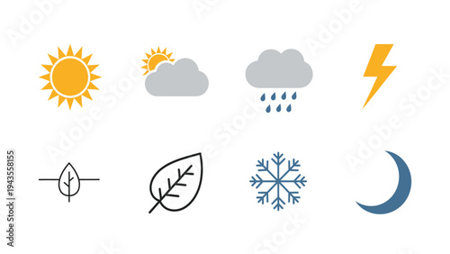 Weather Icons and Symbols for Forecasting Climate and Seasons Sun Clouds Rain Lightning Leaf Snowflake Moon Vector Illustration