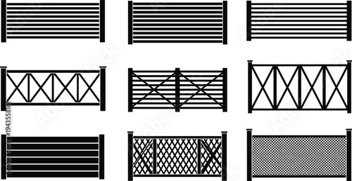 Black fence and gate panels silhouette set with modern and classic designs isolated on white background, garden barriers, cad drawing flat vector illustration