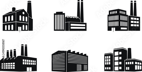 Black factory and industrial building silhouette collection set isolated on white background, manufacturing plants and warehouses, industry concept, cad drawing flat vector illustration