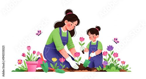 A mother and daughter bonding while planting colorful flowers in a garden on a beautiful sunny day.