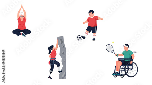 Diverse People Engaging in Sports and Fitness Activities Yoga Rock Climbing Soccer and Wheelchair Tennis