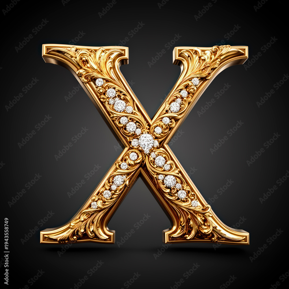 Fototapeta premium Letra X, dorada, símbolo, vector, firmar, carta, diamante, ilustración, designio, abecedario, cifras, fuente, decoraciones, metal, acomodador, escrito, figura, arte, dolares, marco, antigüedad, viejo,