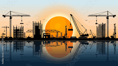 Sunrise Over Construction Site with Cranes and Water Reflection