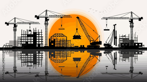 Construction Site with Cranes and Buildings Silhouetted Against a Sunset