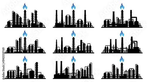 Set of black silhouettes of industrial oil and gas refinery plants with blue flames