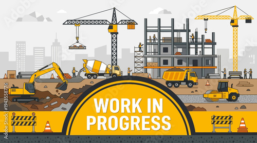 Construction Site with Cranes, Diggers, and Trucks, Work in Progress Banner