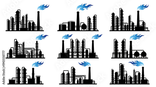 Flat 2d vector collection of nine energy facilities with blue flames representing combustion