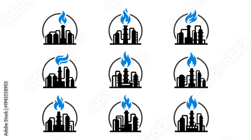 Petrochemical Plant Industrial Icons Set on White Background for Environmental and Energy Industry Concepts