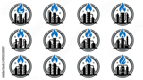 Set of industrial plant icons representing oil and gas production and energy sector graphics