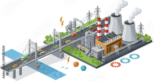 Isometric industrial power plant building with cooling towers near a suspension bridge and busy highway road vector