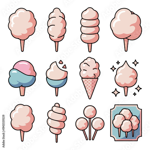 Cotton Candy Icon Set Vector Illustration of Sweet Fluffy Confections on Sticks and Cones