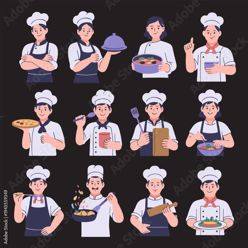 Chef Character Icon Set Vector Illustration of Professional Cooks with Kitchen Tools and Food