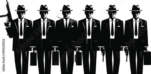Silhouette of organized crime gang members in suits and fedora hats holding guns and briefcases, vintage mafia style lineup, black vector illustration isolated