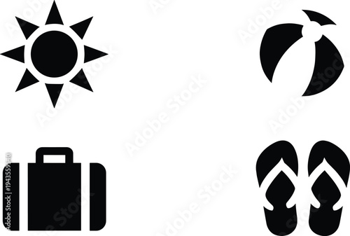 Summer vacation travel icons set including sun beach ball suitcase and flip flops silhouettes representing holiday tourism leisure trip elements isolated on white background