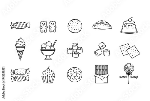 Sweet dessert doodle icon set with candy gummy bears pastry ice cream marshmallow and biscuit thin line vector