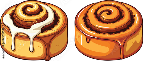 Sweet cinnamon roll pastry with dripping icing and caramel glaze, delicious bakery dessert swirl bun illustration isolated, tasty breakfast pastry vector