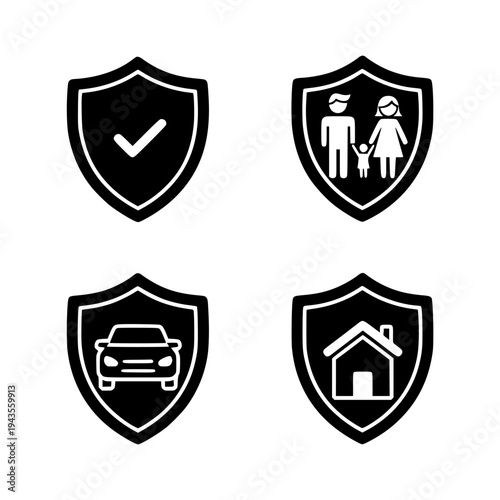 insurance protection icon set black glyph shield family car house safety
