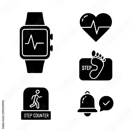 smart watch features icon set, black glyph smartwatch, heart rate step, counter notification vector, isolated on white
