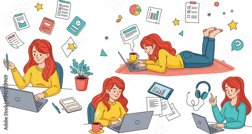 Collection of young female student character working on laptop and studying in various poses for online education vector