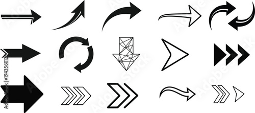 Arrow icon set collection, modern navigation direction symbols including curved, straight, refresh arrows for web interface design elements